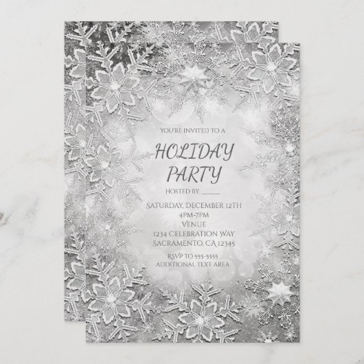 Winter Snowflakes Silver & White Party-uitnodiging Kaart (Voorkant / Achterkant)