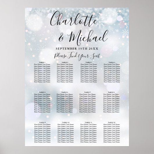 Winter Snowflakes Wedding Seding Chart Poster (Voorkant)