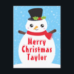 Winter Snowman Bright Blue Merry Kerstfeestdag Feestdagenkaart<br><div class="desc">Schattige wintersneeuwpop in een bovenste hoed met heilige en rode sjaal. De achtergrond bestaat uit vallende sneeuwvlokken op lichtblauw. Grafische kaart van PrettyGrafik</div>