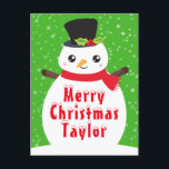 Winter Snowman Bright Green Merry KerstHolida Feestdagenkaart<br><div class="desc">Schattige wintersneeuwpop in een bovenste hoed met heilige en rode sjaal. De achtergrond bestaat uit dalende sneeuwvlokken op fel groen. Grafische kaart van PrettyGrafik</div>