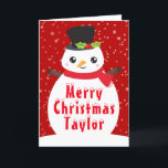 Winter Snowman Bright Red Merry Kerstfeestdag Feestdagen Kaart<br><div class="desc">Schattige wintersneeuwpop in een bovenste hoed met heilige en rode sjaal. De achtergrond bestaat uit vallende sneeuwvlokken op donkerrood. Grafische kaart van PrettyGrafik</div>