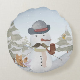 Winter Snowman dierlijke sneeuw dierlijke illustra Rond Kussen