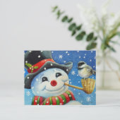 Winter Snowman en Chickadee Bird Waterverf Art Briefkaart (Staand voorkant)