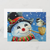 Winter Snowman en Chickadee Bird Waterverf Art Briefkaart (Voorkant / Achterkant)
