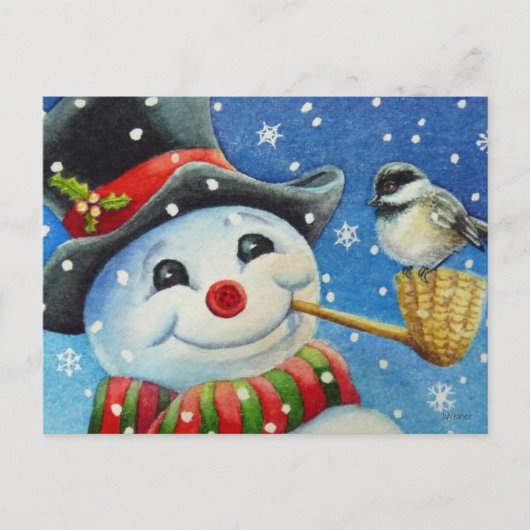Winter Snowman en Chickadee Bird Waterverf Art Briefkaart (Voorkant)