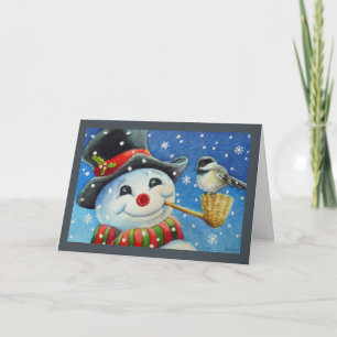 Winter Snowman en Chickadee Bird Waterverf Art Kaart