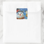Winter Snowman en Chickadee Bird Waterverf Art Vierkante Sticker (Tas)