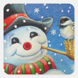 Winter Snowman en Chickadee Bird Waterverf Art Vierkante Sticker