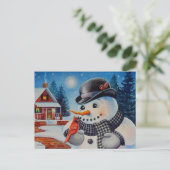Winter Snowman en Red Cardinaal Bird Waterverf Art Briefkaart (Staand voorkant)