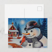 Winter Snowman en Red Cardinaal Bird Waterverf Art Briefkaart (Voorkant / Achterkant)