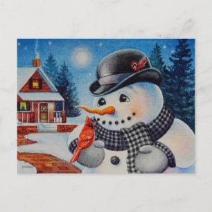 Winter Snowman en Red Cardinaal Bird Waterverf Art Briefkaart