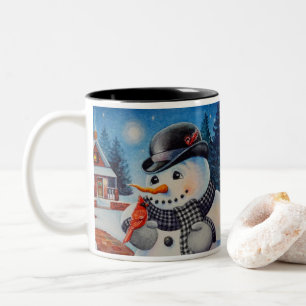Winter Snowman en Red Cardinaal Bird Waterverf Art Tweekleurige Koffiemok