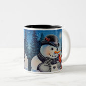 Winter Snowman en Red Cardinaal Bird Waterverf Art Tweekleurige Koffiemok (Voorkant rechts)