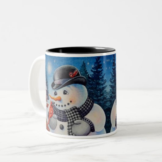 Winter Snowman en Red Cardinaal Bird Waterverf Art Tweekleurige Koffiemok (Voorkant links)