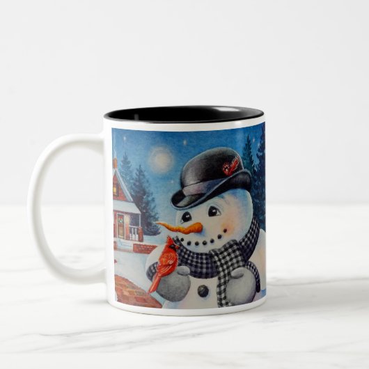 Winter Snowman en Red Cardinaal Bird Waterverf Art Tweekleurige Koffiemok (Links)