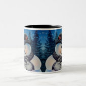 Winter Snowman en Red Cardinaal Bird Waterverf Art Tweekleurige Koffiemok (Center)