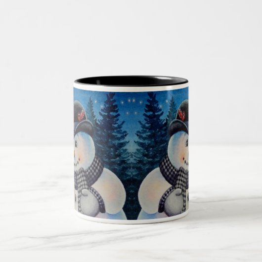 Winter Snowman en Red Cardinaal Bird Waterverf Art Tweekleurige Koffiemok (Center)