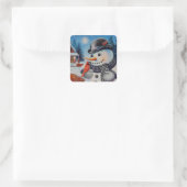 Winter Snowman en Red Cardinaal Bird Waterverf Art Vierkante Sticker (Tas)