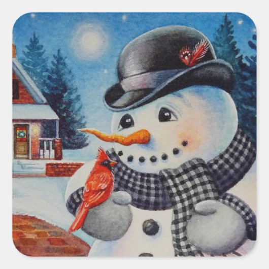 Winter Snowman en Red Cardinaal Bird Waterverf Art Vierkante Sticker (Voorkant)