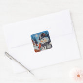 Winter Snowman en Red Cardinaal Bird Waterverf Art Vierkante Sticker (Envelop)