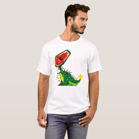 Winter Snowman kerstboom T-Rex Dinosaur T-shirt (Voorkant volledig)