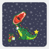 Winter Snowman kerstboom T-Rex Dinosaur Vierkante Sticker (Voorkant)
