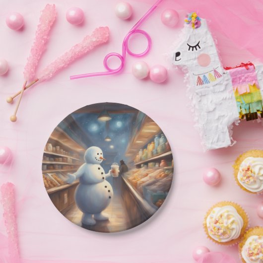 Winter Snowman shopping with coffee birthday party Papieren Bordje (Feest)