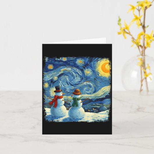 Winter Snowman Van Gogh Starry Night Christmas  Kaart (Gele Bloem)