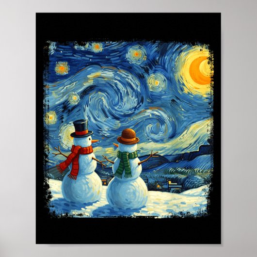 Winter Snowman Van Gogh Starry Night Christmas Poster (Voorkant)
