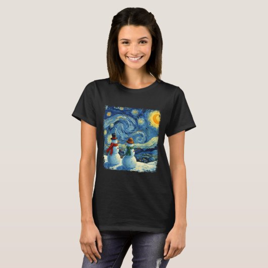 Winter Snowman Van Gogh Starry Night Christmas  T-shirt (Voorkant volledig)
