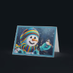 Winter Snowman voedt Waterverf vogelpest Kaart<br><div class="desc">"Seeds For Little Chickadee" Waterverf Art Wenskaart van artiest Jean Weiner "Seeds For Little Chickadee" bevat een schattige Black Capped Chickadeevogel die op de wanten van een sneeuwman zit. Dit schattige vogeltje is klaar om de zonnebloempitten op te eten die deze sneeuwman vasthoudt. De vogel en de sneeuwman lijken een...</div>