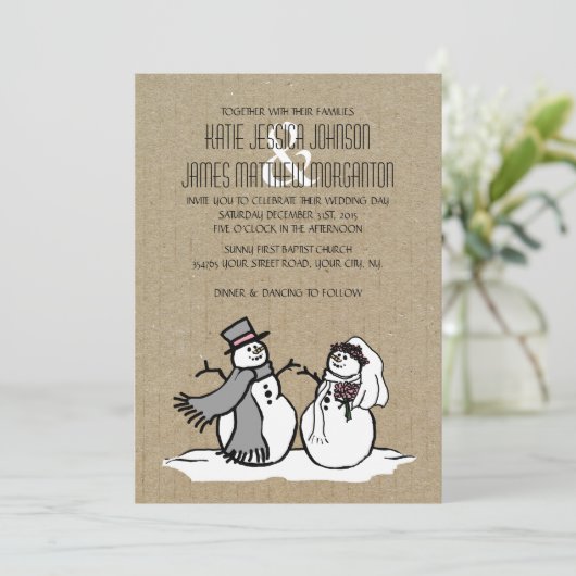 Winter Snowmen Bride & Groom Wedding Kaart (Staand voorkant)
