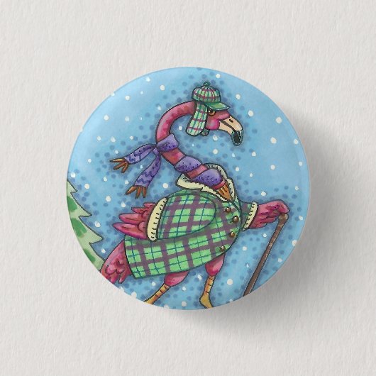WINTER SNOWSHOES PINK FLAMINGO HOLIDAY BUTTON (Voorkant)