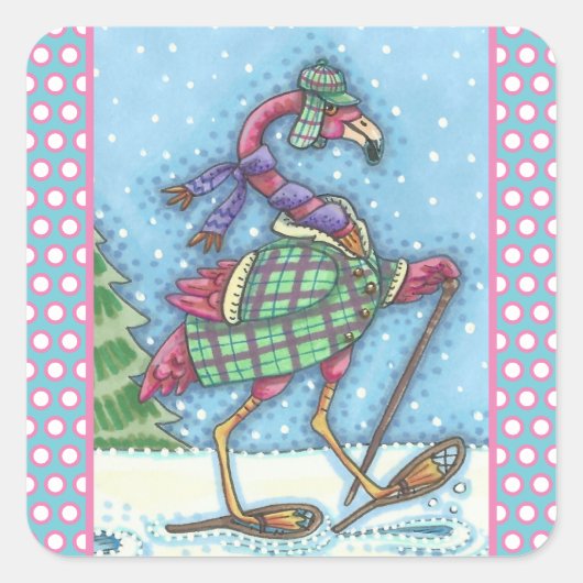 WINTER SNOWSHOES PINK FLAMINGO STICKERS Sheet Squ (Voorkant)