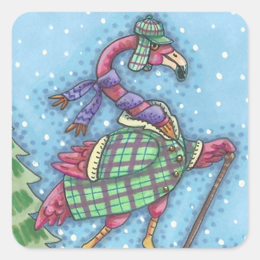 WINTER SNOWSHOES PINK FLAMINGO STICKERS Sheet Squ (Voorkant)