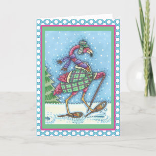 WINTER SNOWSHOES PINK FLAMINGO WENSKAART Verse Feestdagen Kaart