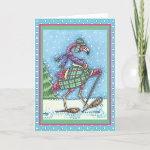 WINTER SNOWSHOES PINK FLAMINGO WENSKAART Verse Feestdagen Kaart