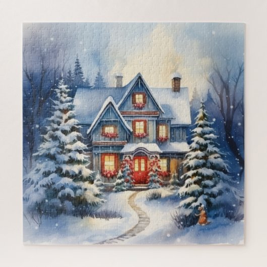 Winter Snowy Kerst Huis en Pathway Legpuzzel (Verticaal)