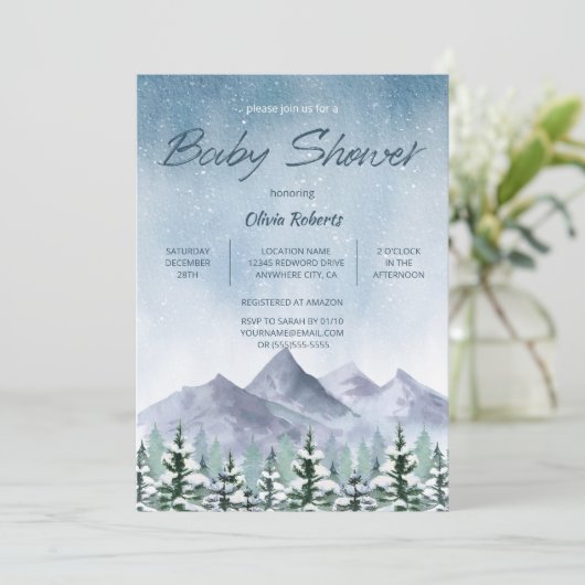 Winter Snowy Mountain Forest Baby shower Kaart (Staand voorkant)