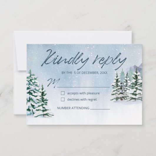 Winter Snowy Mountain Forest bruiloft RSVP Kaartje (Voorkant)