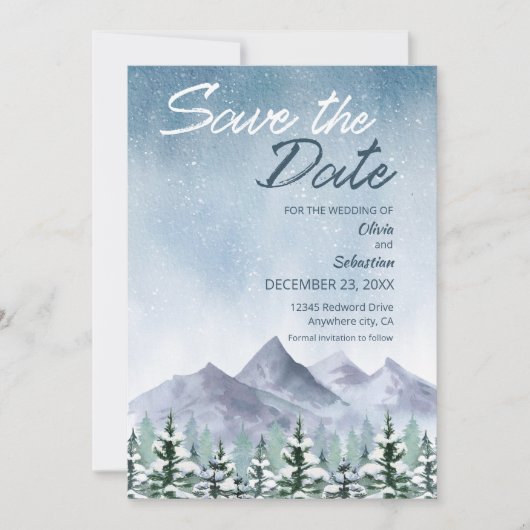 Winter Snowy Mountain Forest bruiloft Save The Date (Voorkant)