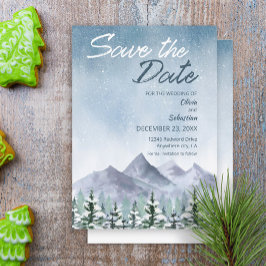 Winter Snowy Mountain Forest bruiloft Save The Date