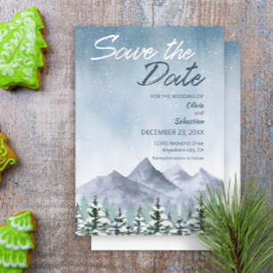 Winter Snowy Mountain Forest bruiloft Save The Date