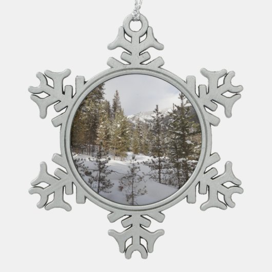 Winter Snowy Mountain Scene in Montana Tin Sneeuwvlok Ornament (Voorkant)