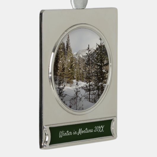 Winter Snowy Mountain Scene in Montana Verzilverd Banner Ornament (Rechts)