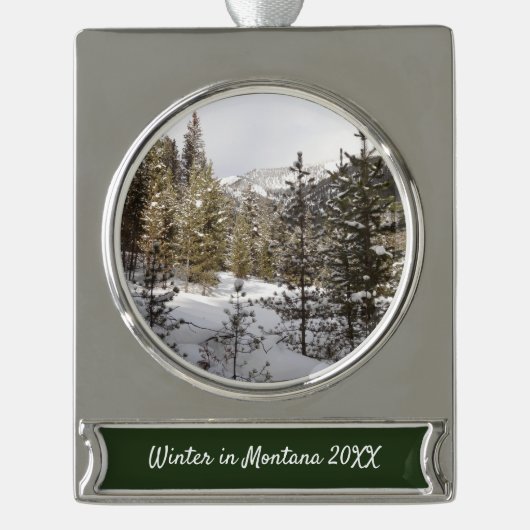 Winter Snowy Mountain Scene in Montana Verzilverd Banner Ornament (Voorkant)