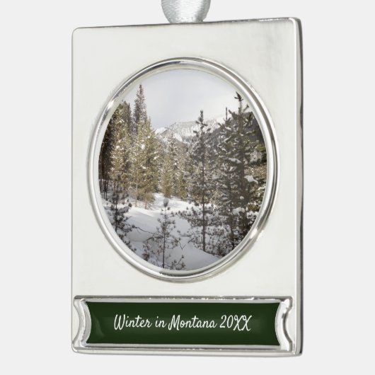 Winter Snowy Mountain Scene in Montana Verzilverd Banner Ornament (Links)