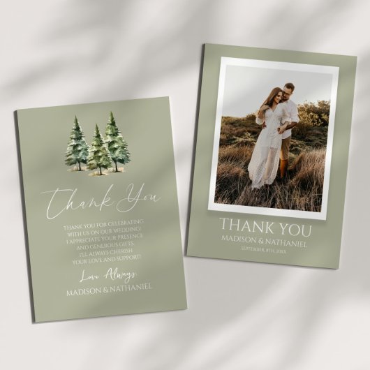 Winter Snowy Pine Tree Custom Photo Wedding Bedankkaart