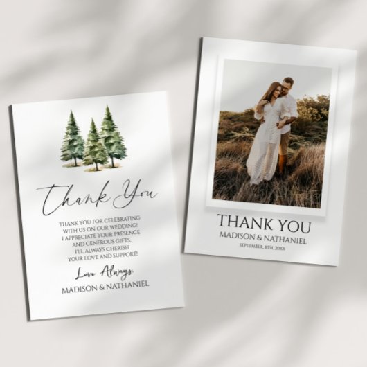 Winter Snowy Pine Tree Custom Photo Wedding Bedankkaart