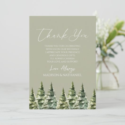 Winter Snowy Pine Tree Custom Photo Wedding Bedankkaart (Staand voorkant)
